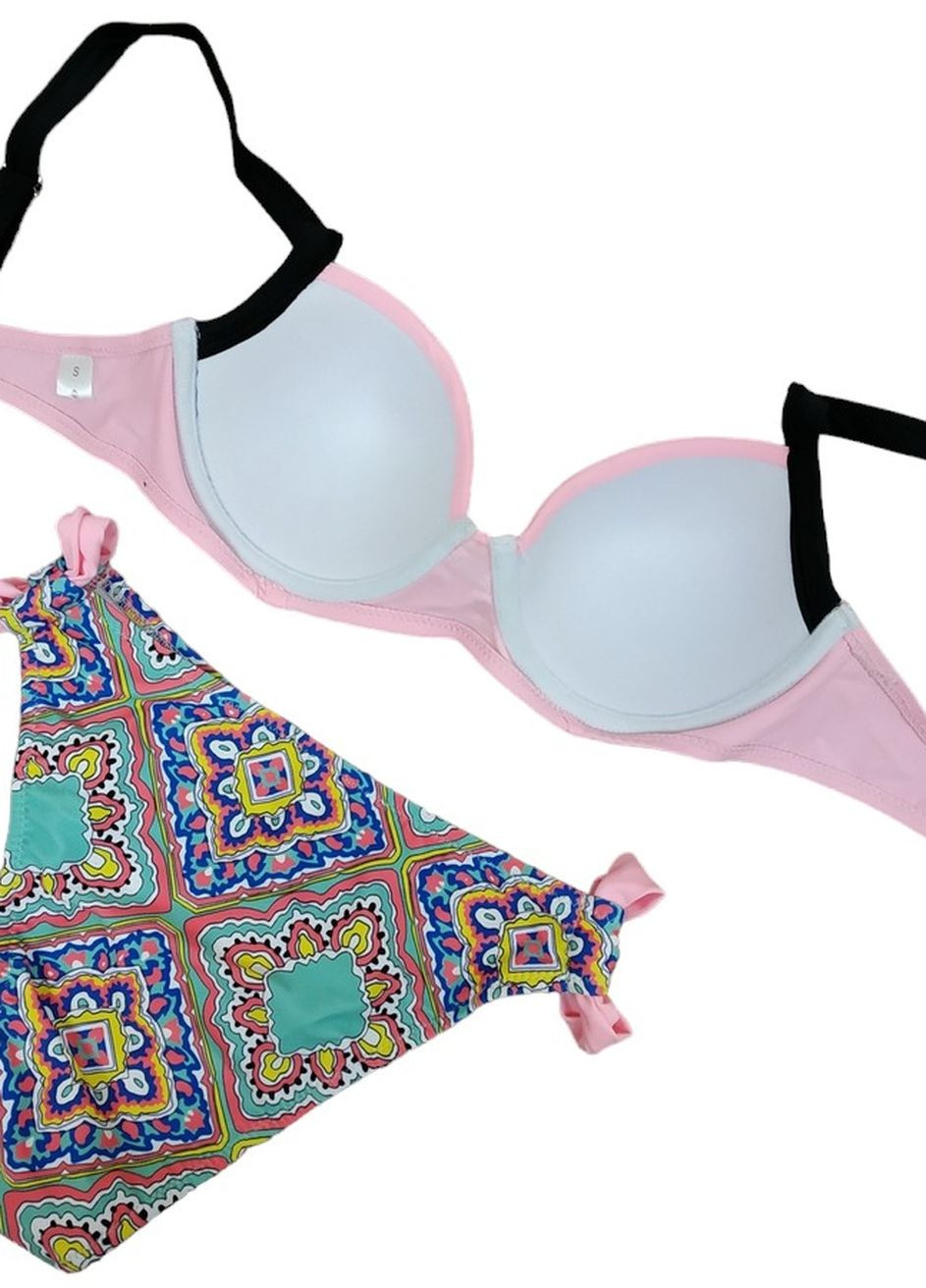 Розовый летний купальник однотоный верх лиф плавки с орнаментом женский раздельный стильный красивый верх и низ разных цветов раздельный No Brand 6284