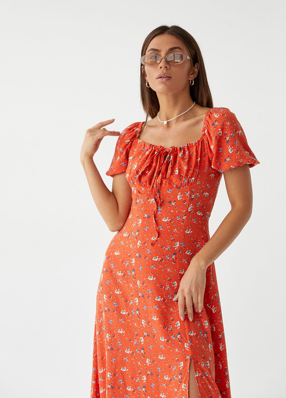 Терракотовое откровенный летнее платье-миди с завязками на груди - терракотовый Esperi