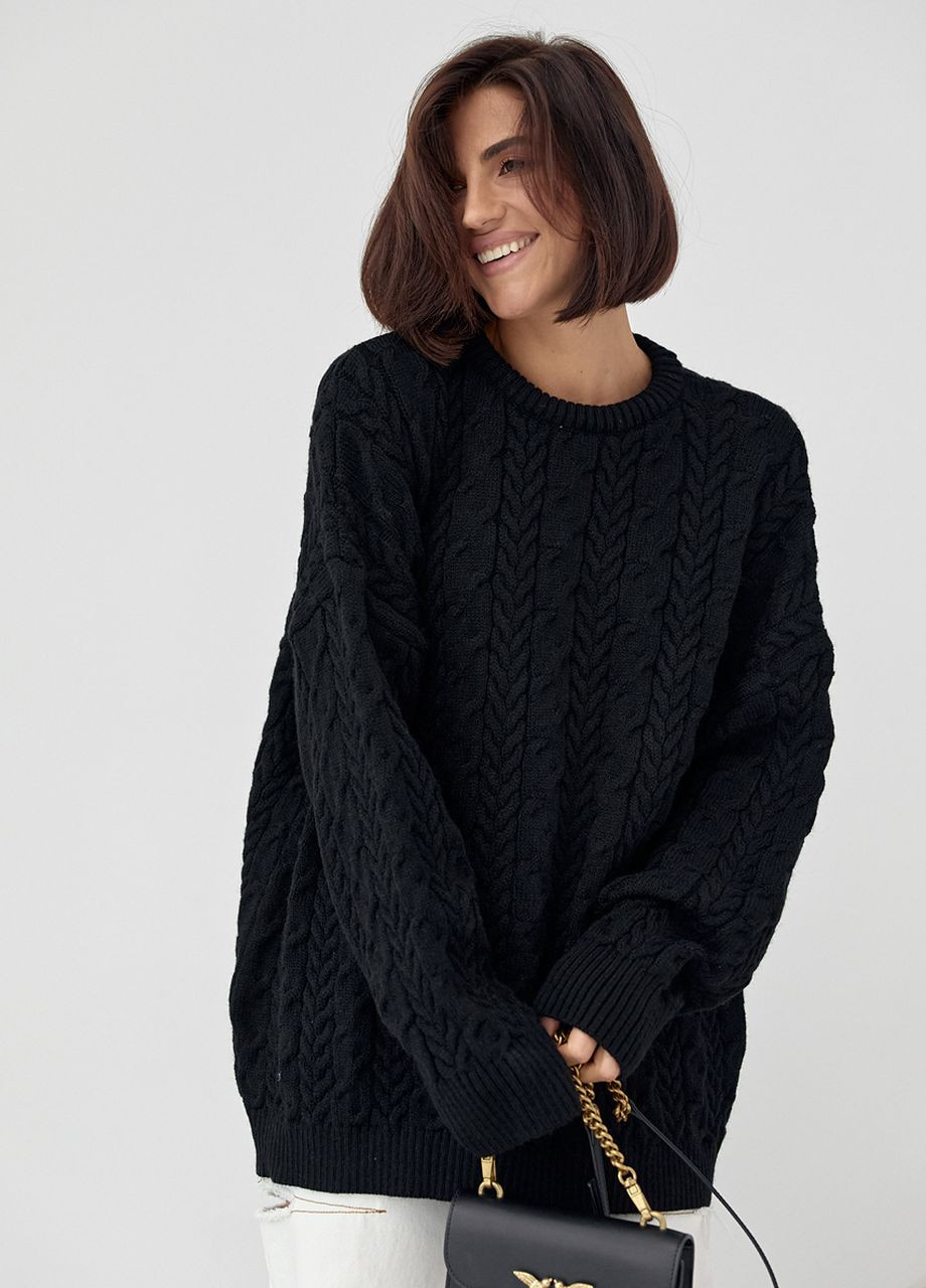 Черный зимний вязаный свитер оверсайз с узорами из косичек - черный Lurex