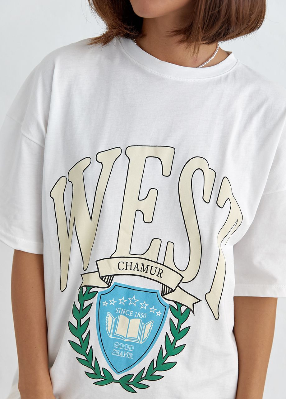 Молочная летняя хлопковая футболка оверсайз с надписью west - молочный Lurex
