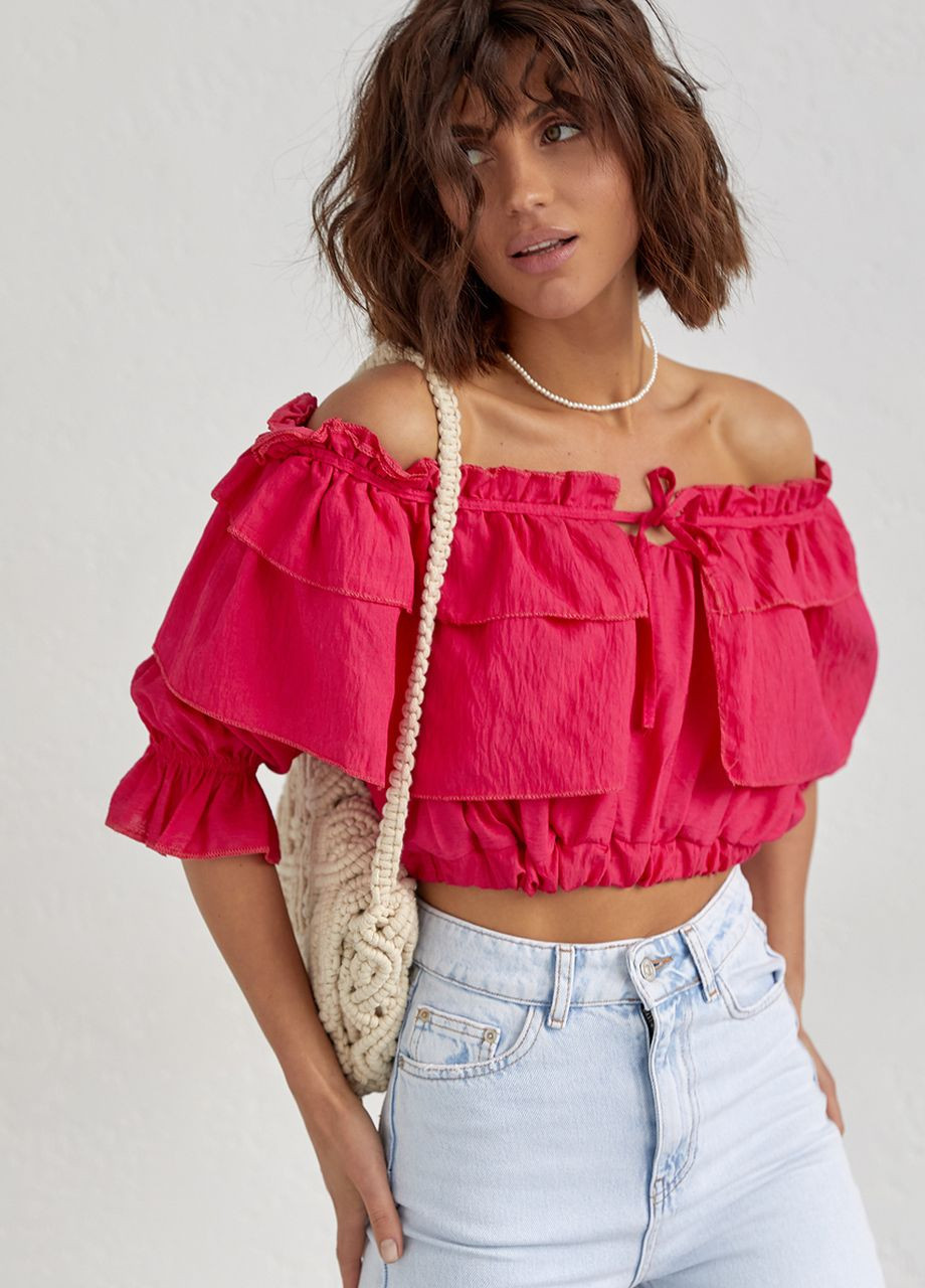 Фуксиновая летняя короткая блуза с воланами - фуксия No Brand