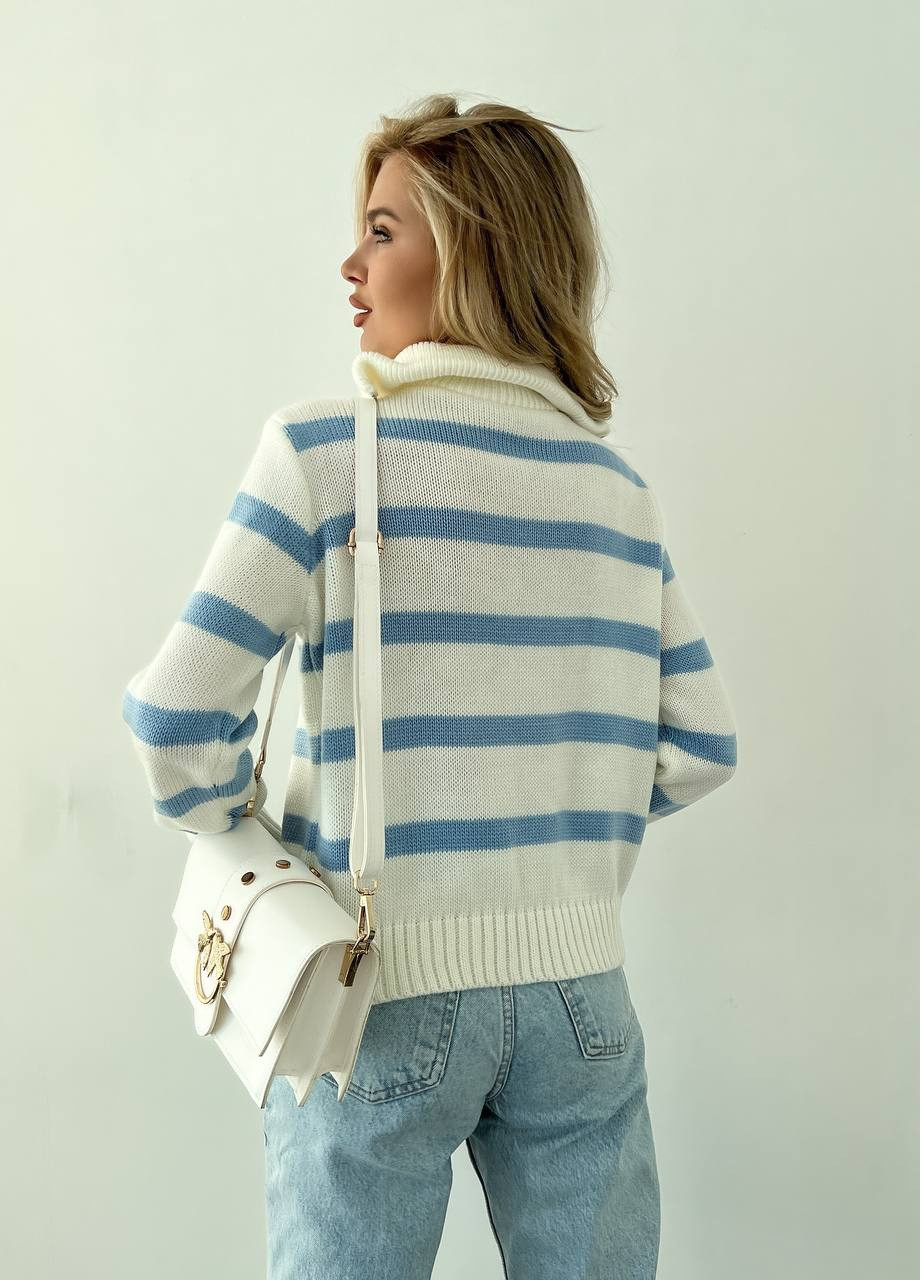 Жіночий светр вовняний в смужку з блискавкою молочний з блакитним р.42/46 396783 New Trend (258967552)