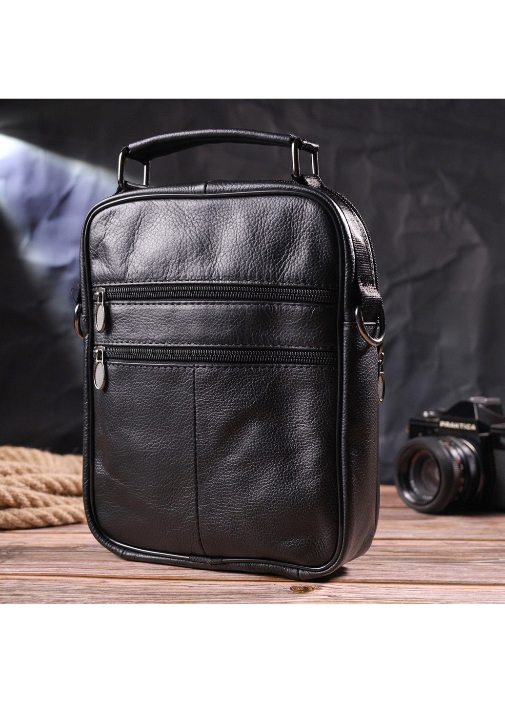 Практичная мужская кожаная сумка 21396 Черная Vintage (258267910)