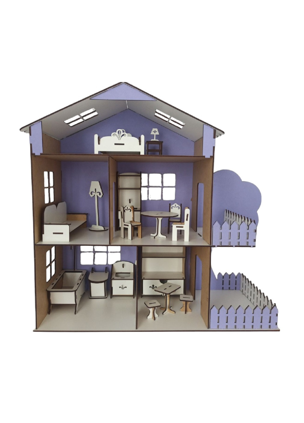 Трехэтажный кукольный домик для игрушек ручной работы из дерева с мансардой для ребенка с мебелью 49*21*50 см (000215--Т) Unbranded (276463629)