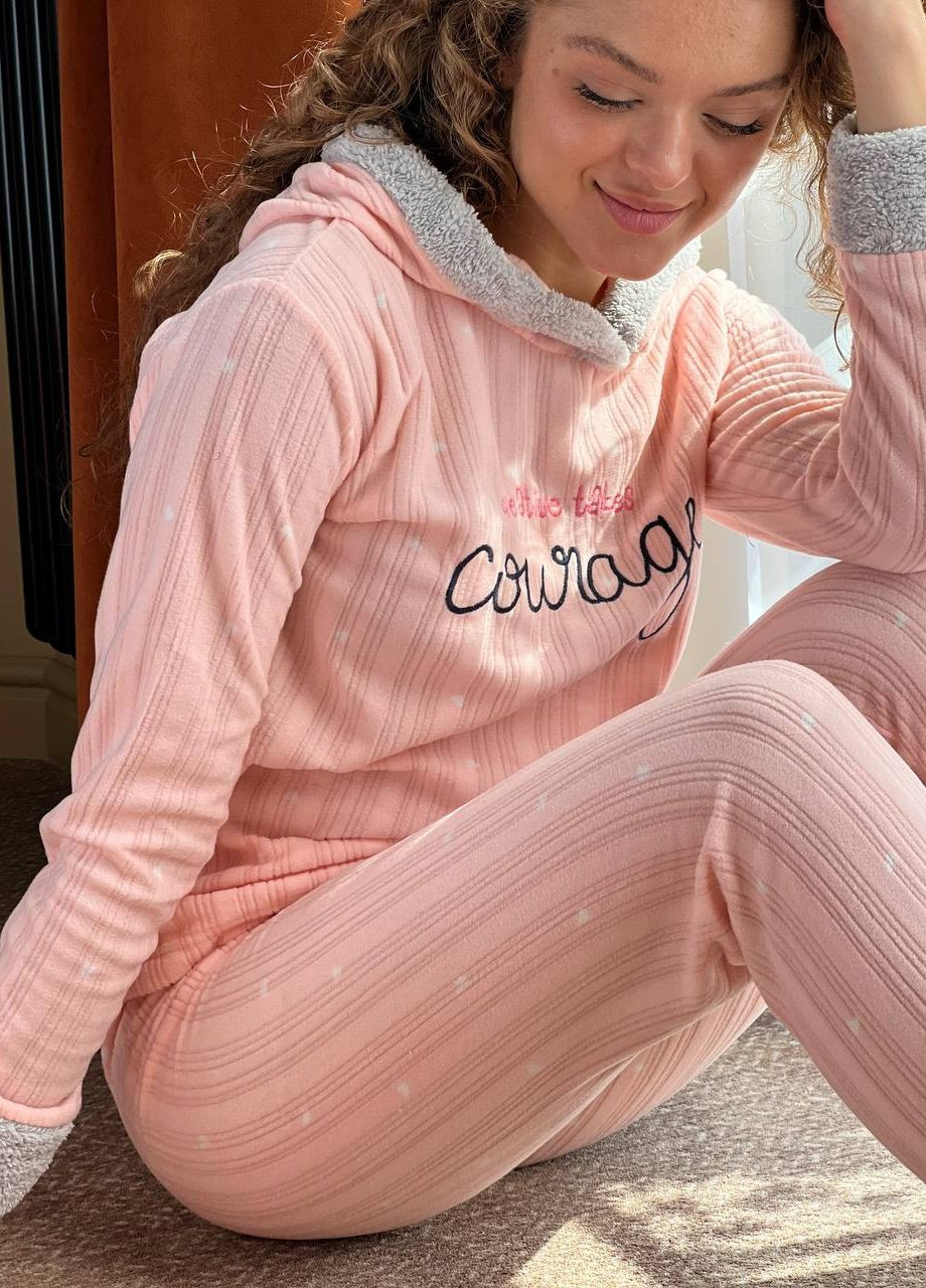 Розовая зимняя женская тёплая пижама с капюшоном кофта + брюки No Brand