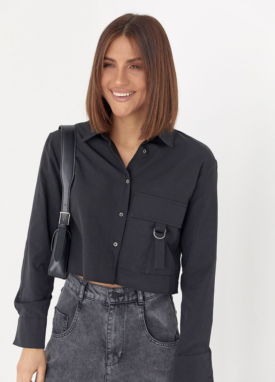 Укорочена жіноча сорочка з накладною кишенею - чорна Lurex (277358351)