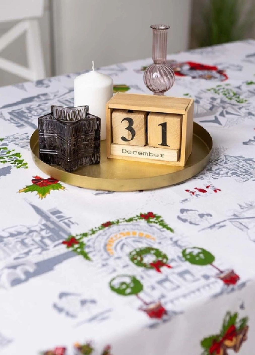 Новорічна святкова лляна бавовняна скатертина накидка на обідній стіл з візерунком 150х180 см (475708-Prob) Санта Unbranded (270090523)