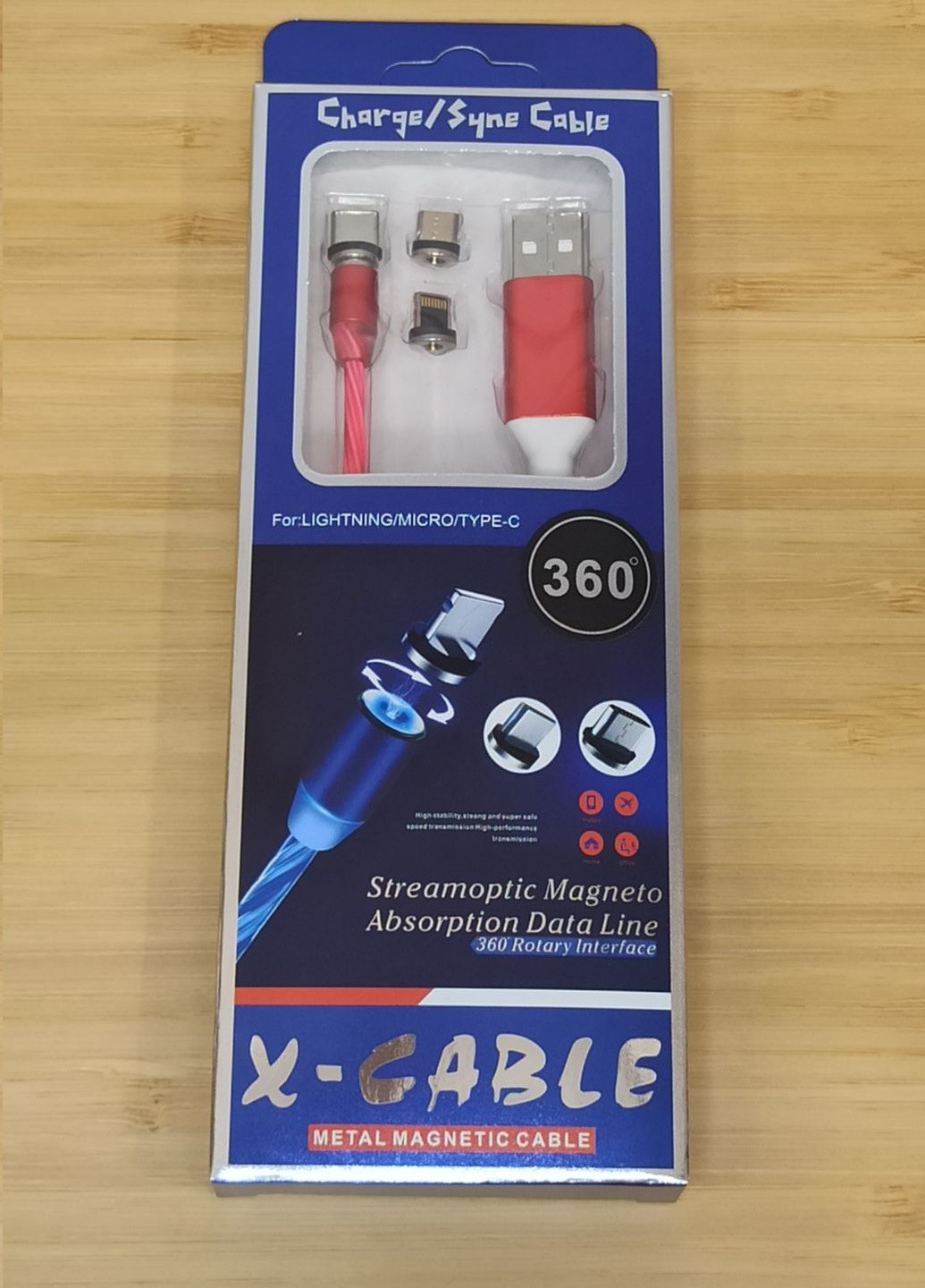 Светящийся универсальный магнитный кабель 360° 3в1 для зарядки 1м красный No Brand (258629147)