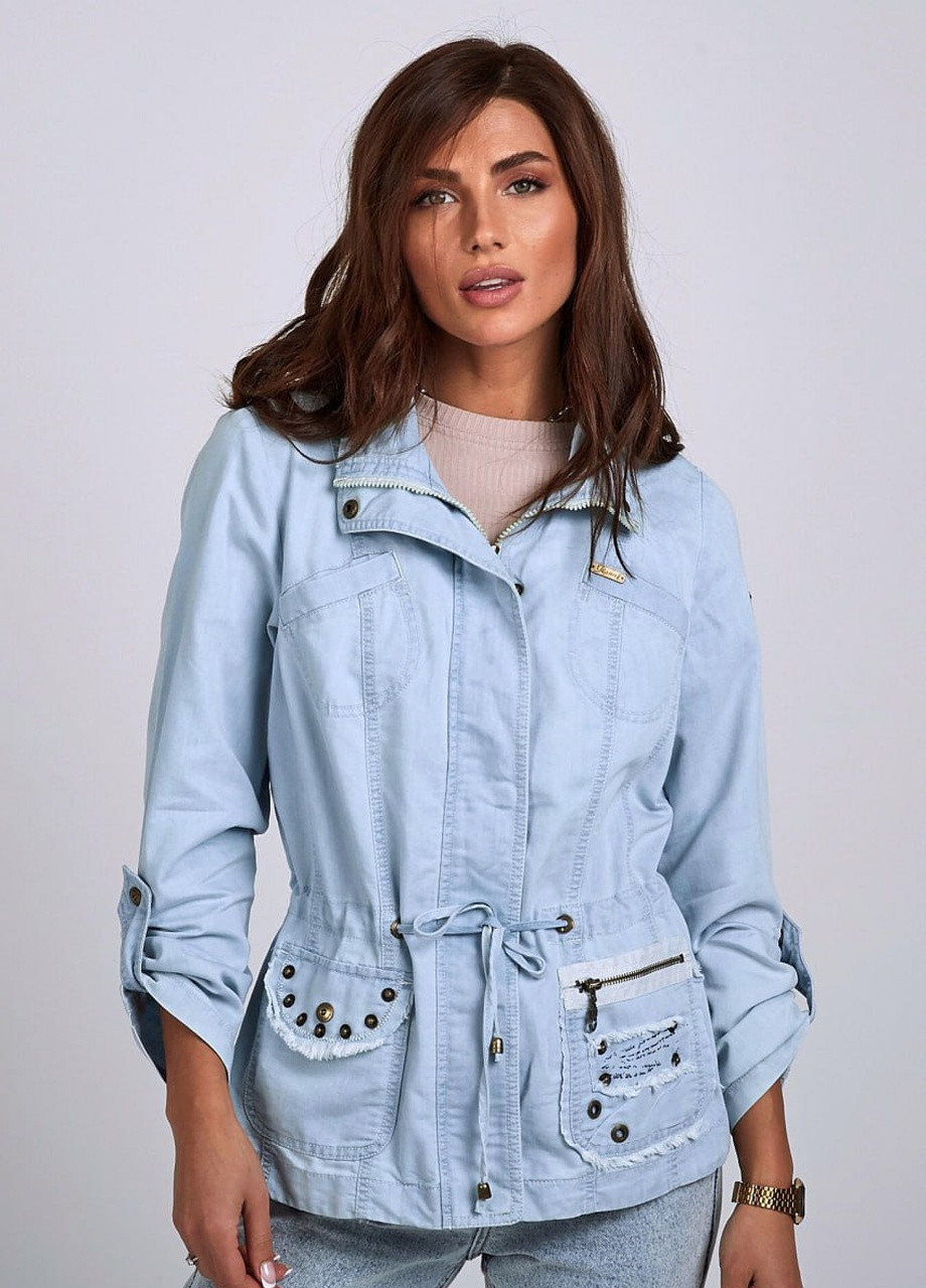 Голубой женский джинсовый жакет варёный голубой YLANNI однотонный - демисезонный