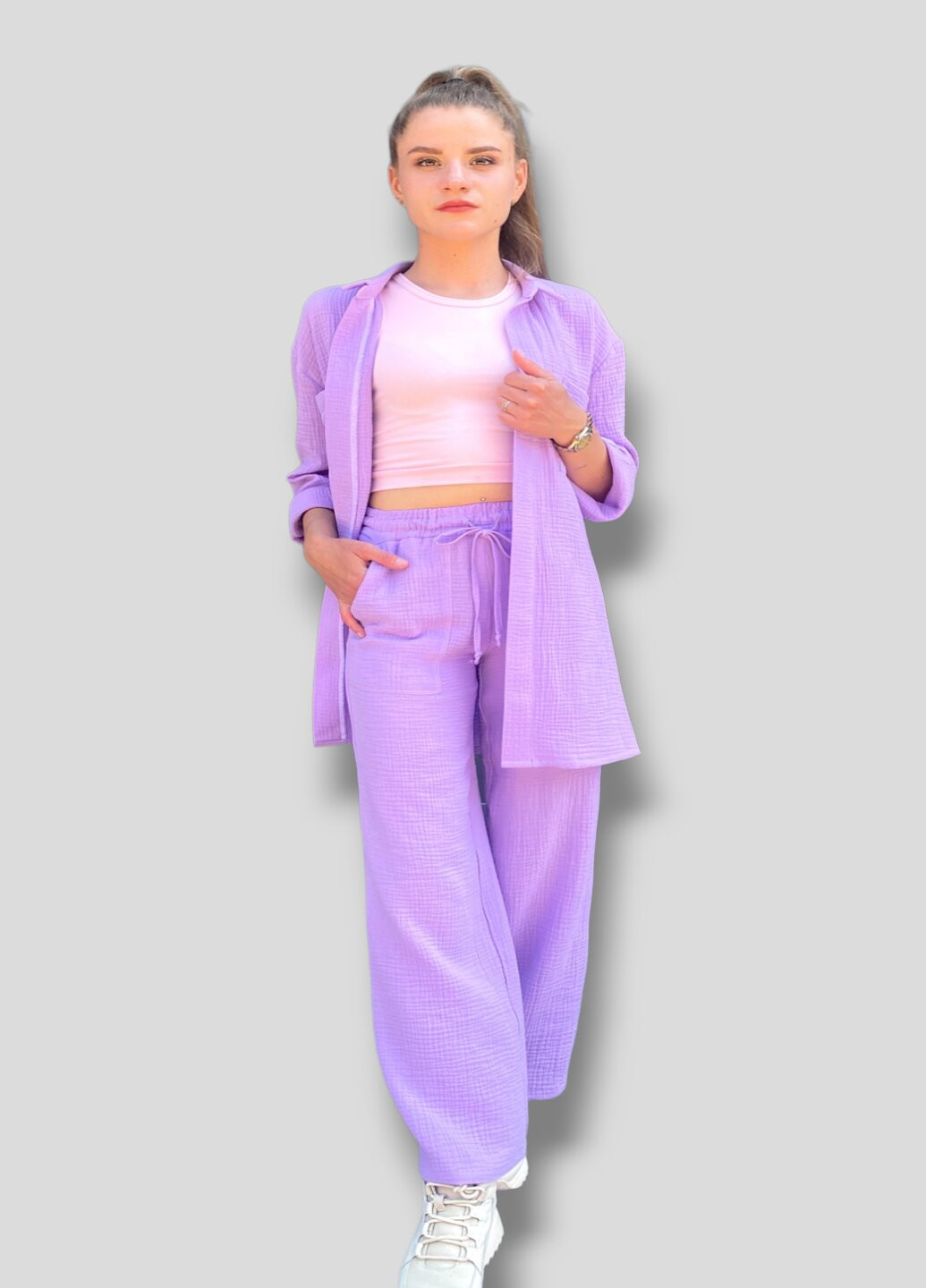 Літній костюм з мусліну Штани + Сорочка (фіолетовий) No Brand 005 (259450312)
