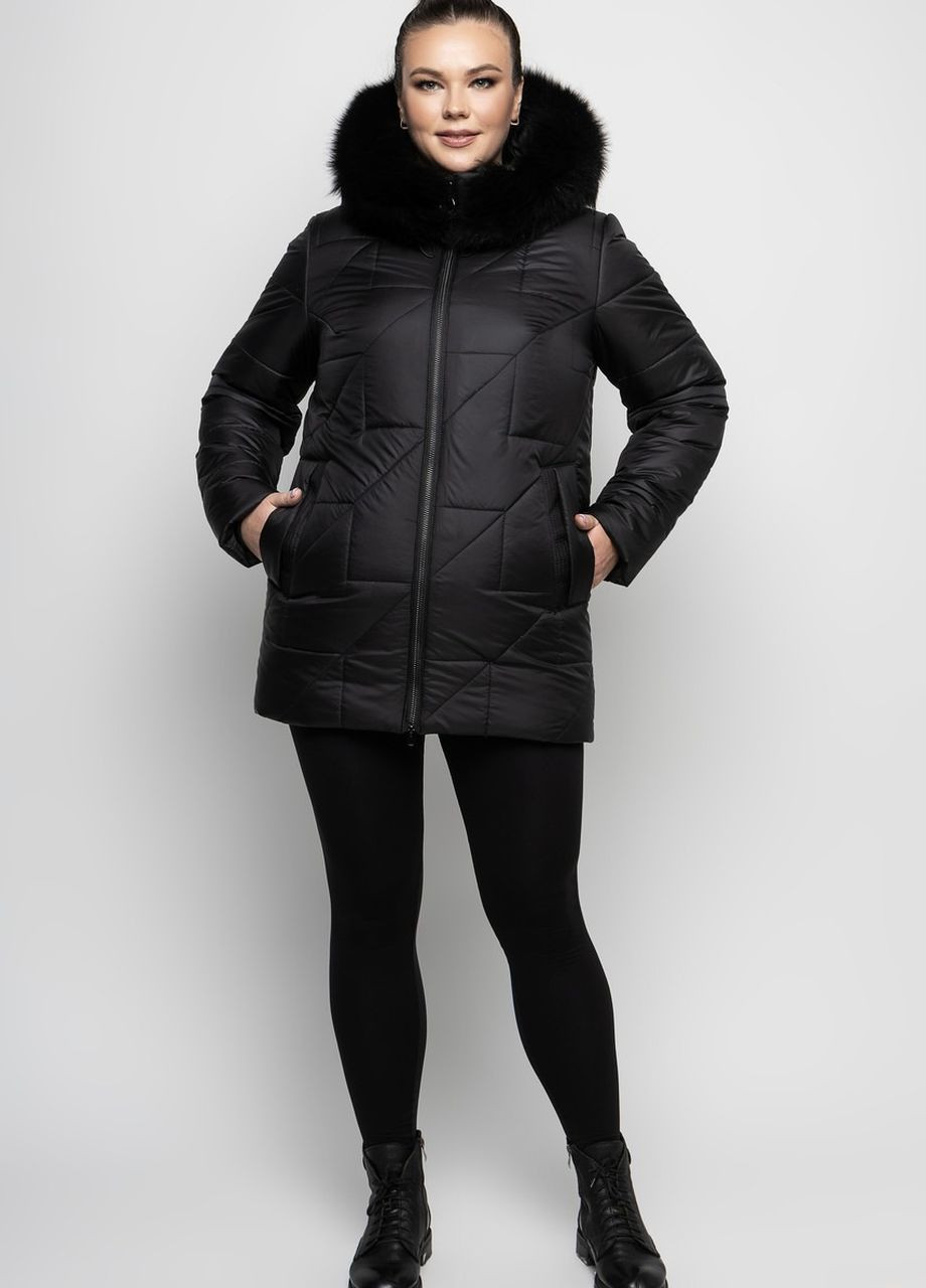 Черная женская зимняя куртка большого размера с капюшоном DIMODA Жіноча куртка від українського виробника