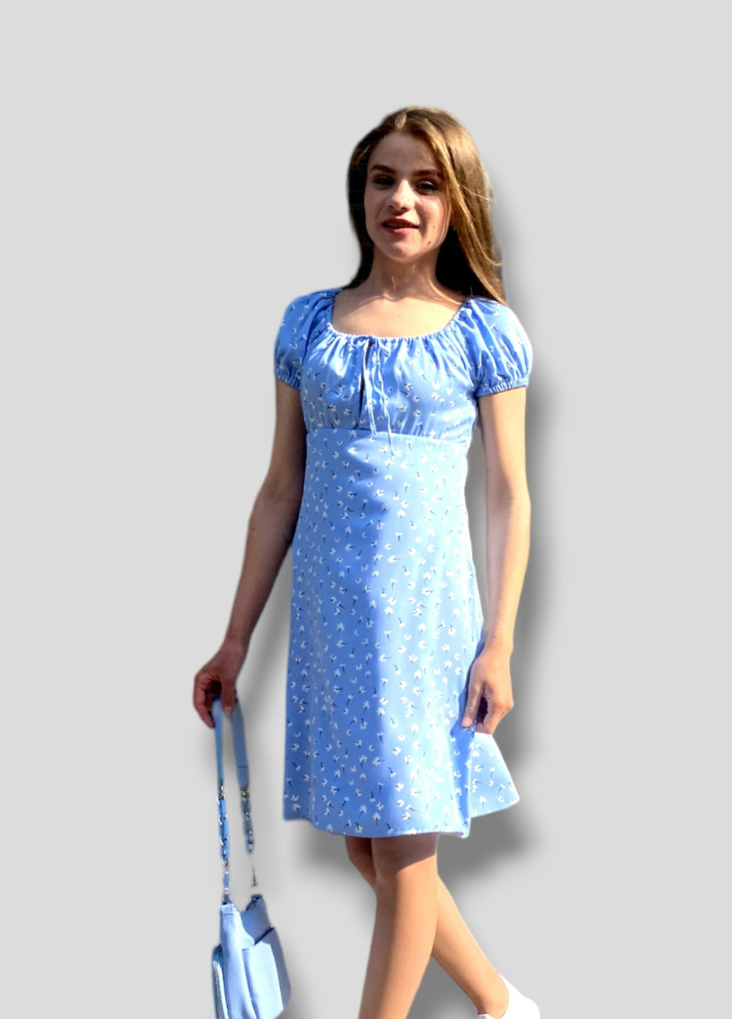 Голубое повседневный летнее платье No Brand с цветочным принтом
