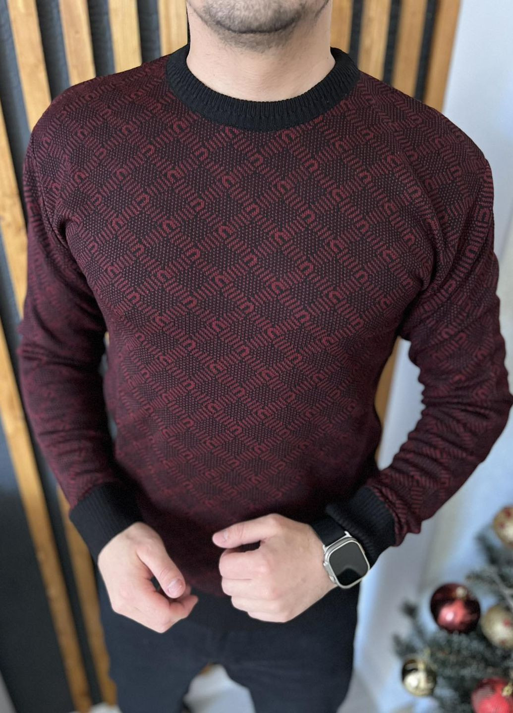 Бордовый демисезонный мужской новогодний свитер No Brand