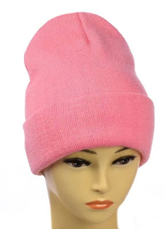 Женская вязаная шапка-бини с отворотом розовая STD loreen (272616109)