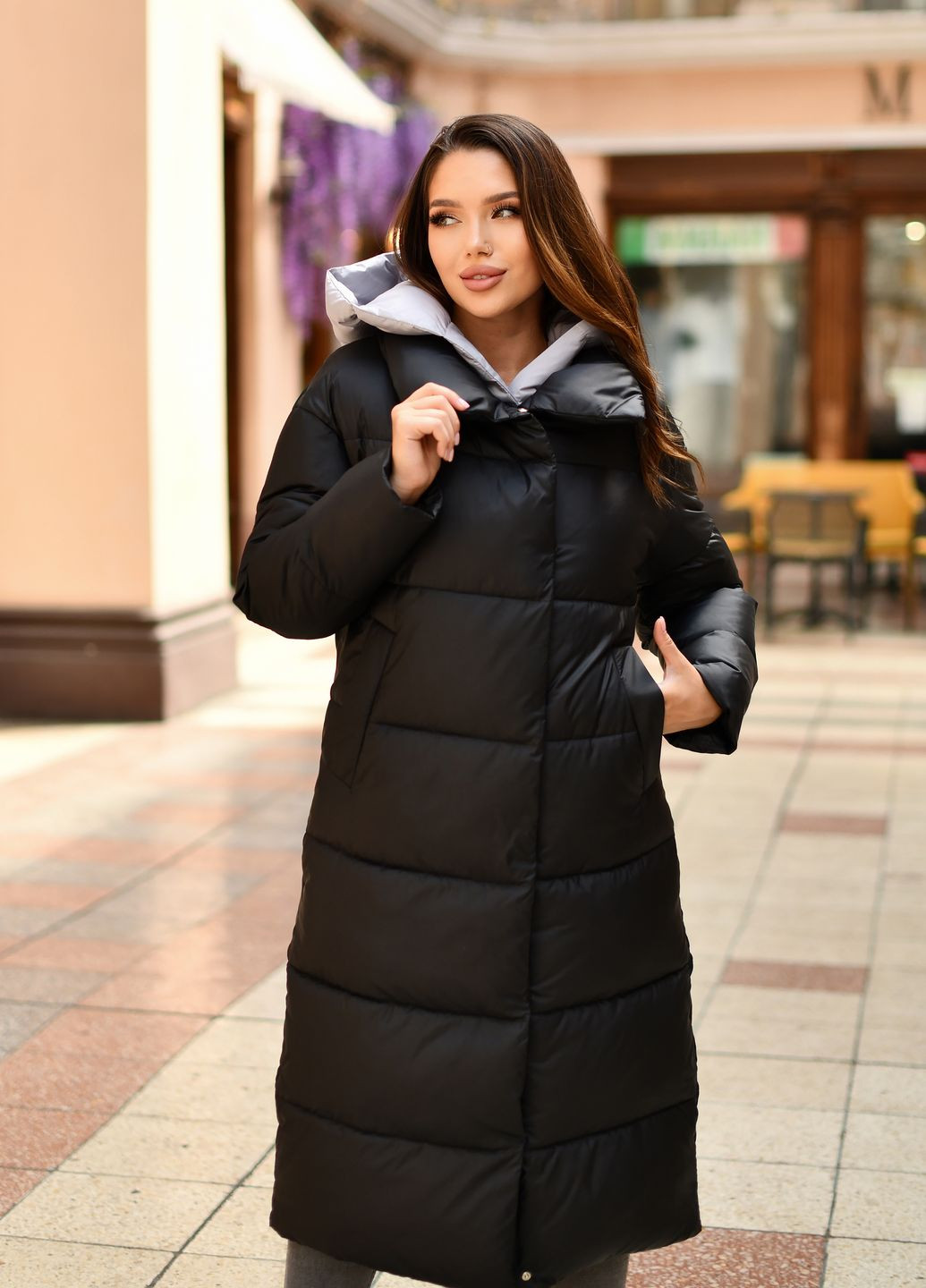 Черное зимнее Женское длинное пальто черное c серым 89942 трансформер Svidni