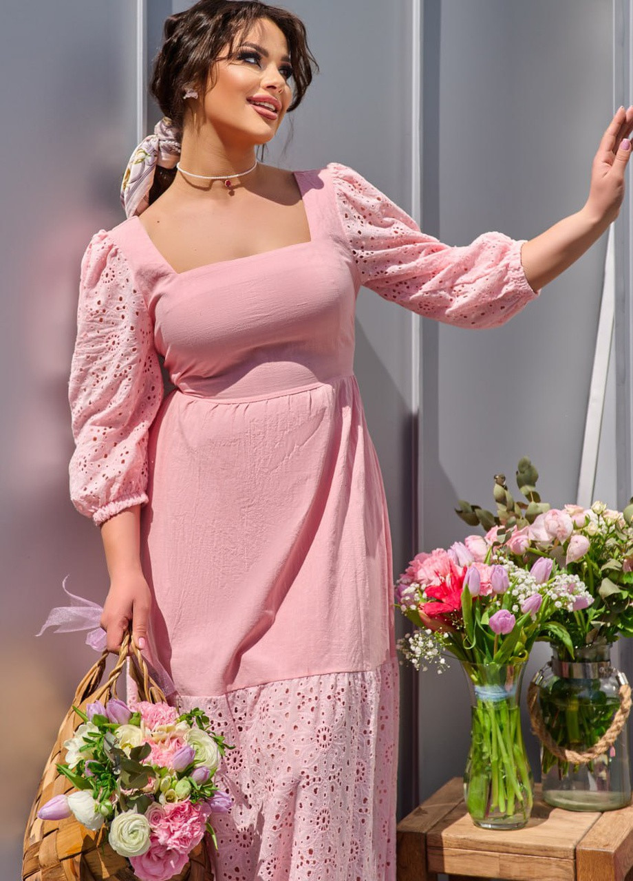 Розовое женское комбинированное платье макси цвет персик р.48/50 433472 New Trend