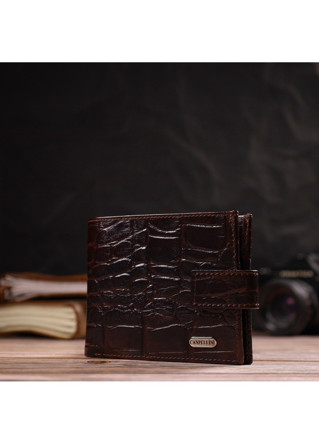 Стильний горизонтальний гаманець для чоловіків з натуральної шкіри з тисненням під крокодила 21890 Коричневий Canpellini (259873995)