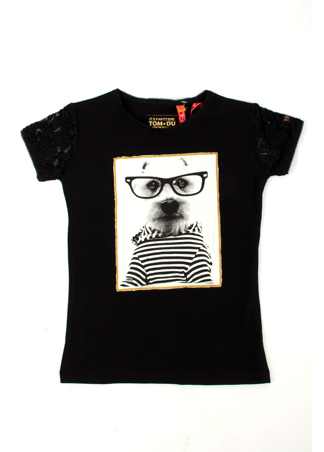 Черная летняя футболка на девочку tom-du черная с собакой TOM DU