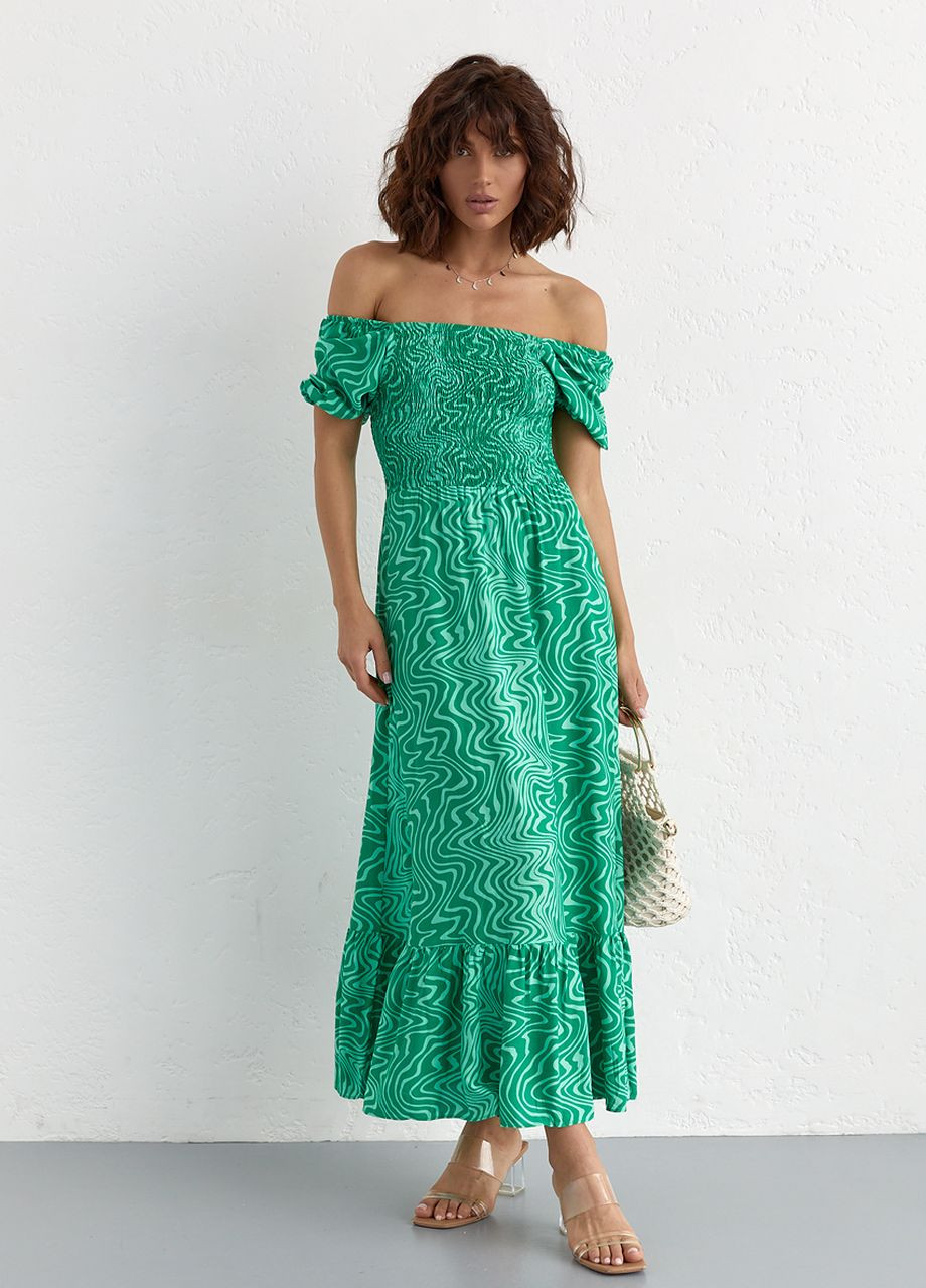 Изумрудное пляжное летнее платье макси с эластичным верхом - изумрудный Lurex