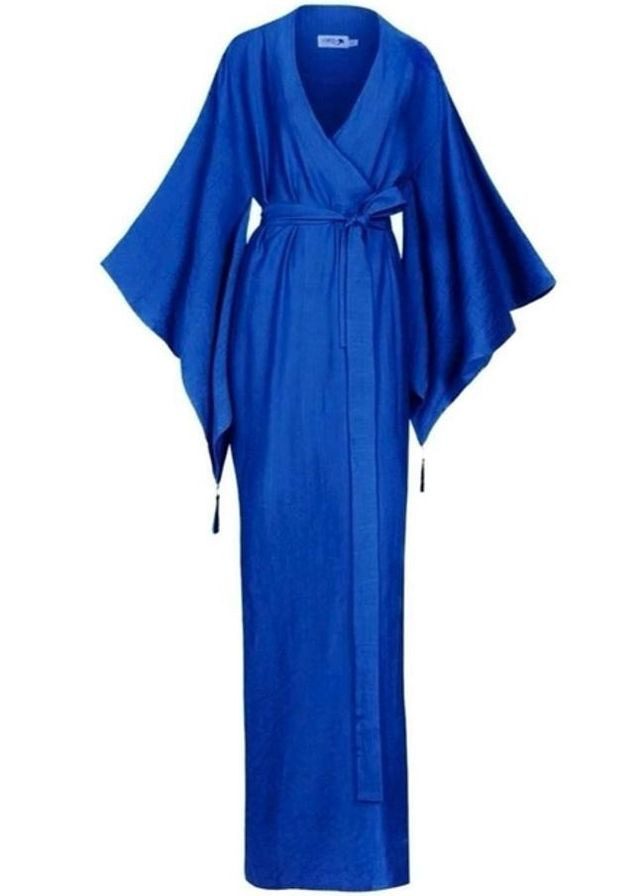 Халат-кимоно из вискозы длинный на запах в японском стиле с поясом Синий "Хокку Электрик" Garna (276002890)