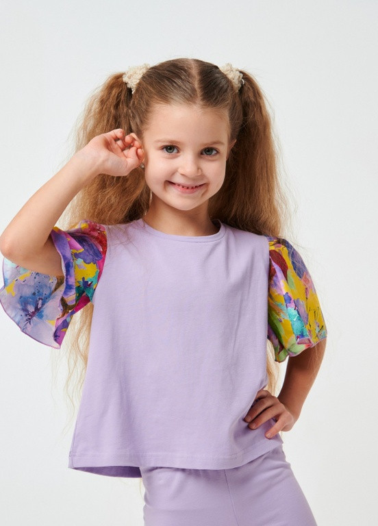 Фіолетова футболка з тканинним рукавом білий Smil