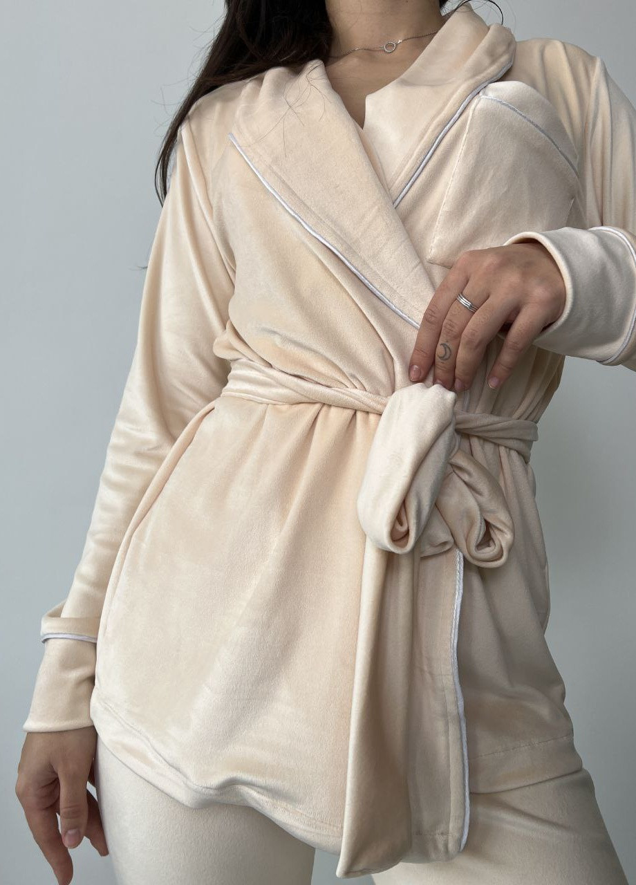 Бежевая всесезон пижама велюровая кофта + брюки popluzhnaya