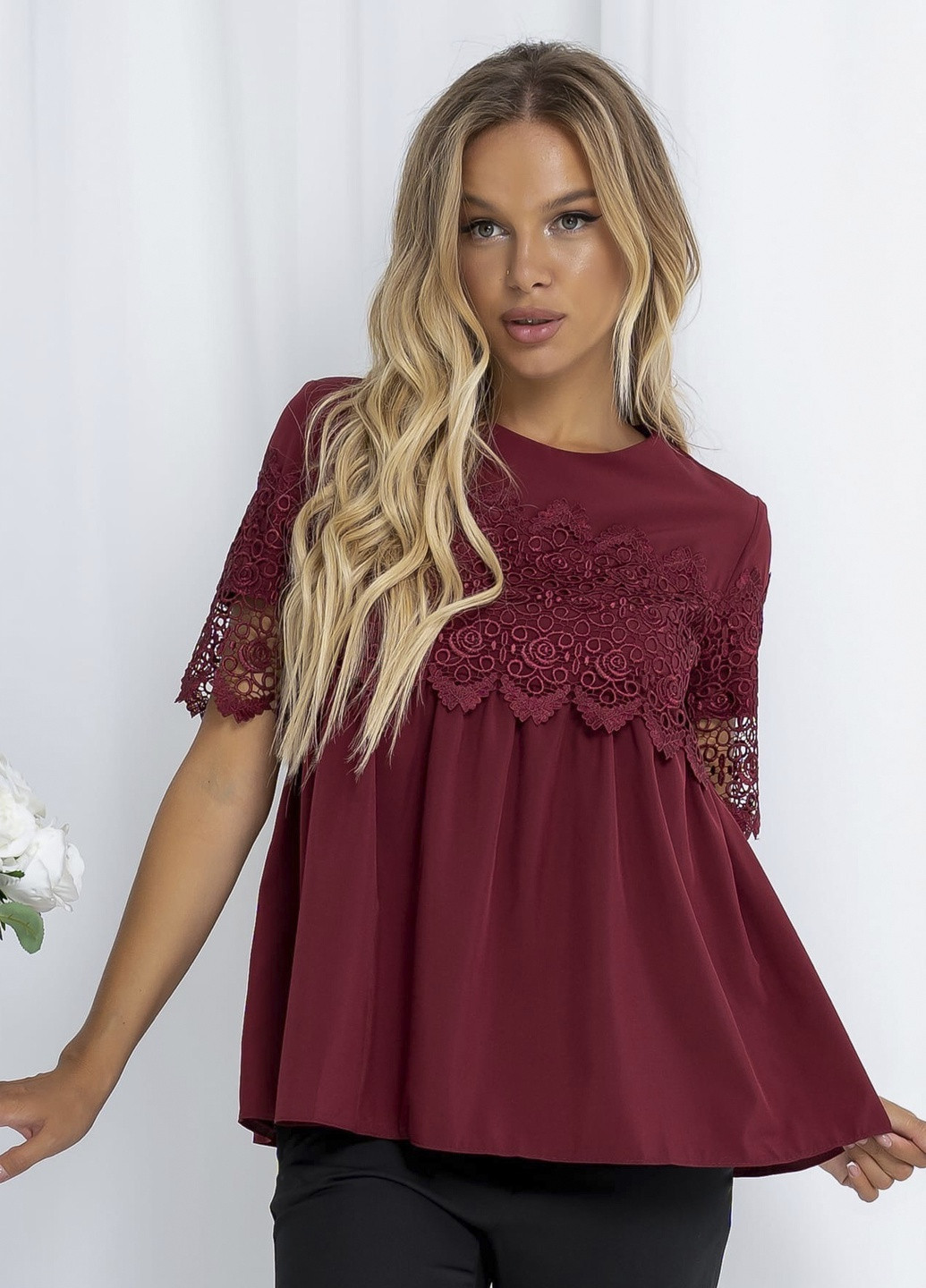 Бордовая летняя блуза женская бордового цвета на запах Let's Shop