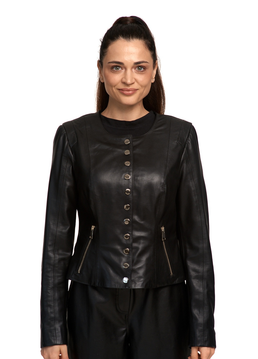 Чорна демісезонна жіноча шкіряна куртка класика комір «шанель» chanel натуральна шкіра. весна осінь демісезон fer-1413 чорна Actors