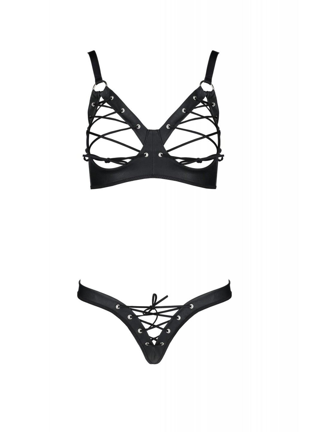 Черный комплект из экокожи celine bikini, открытый бра, стринги со шнуровкой Passion