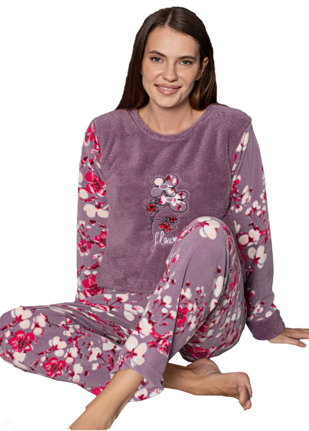 Сиреневая зимняя теплая флисовая пижама домашний костюм лонгслив + брюки Moon