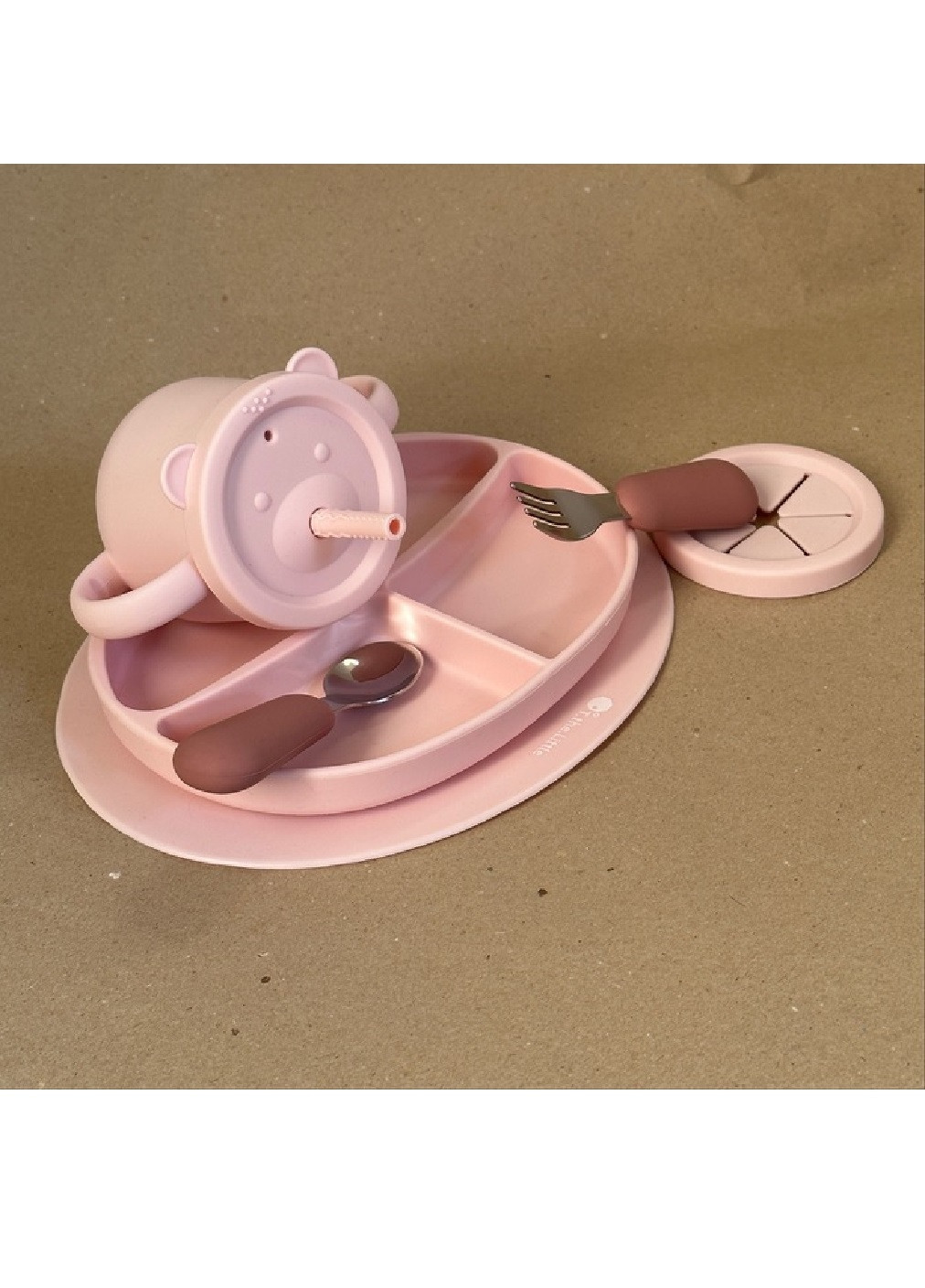 Комплект набор детской посуды чашка секционная тарелочка приборы пищевой силикон для детей малышей (475014-Prob) Розовый Unbranded (260648802)