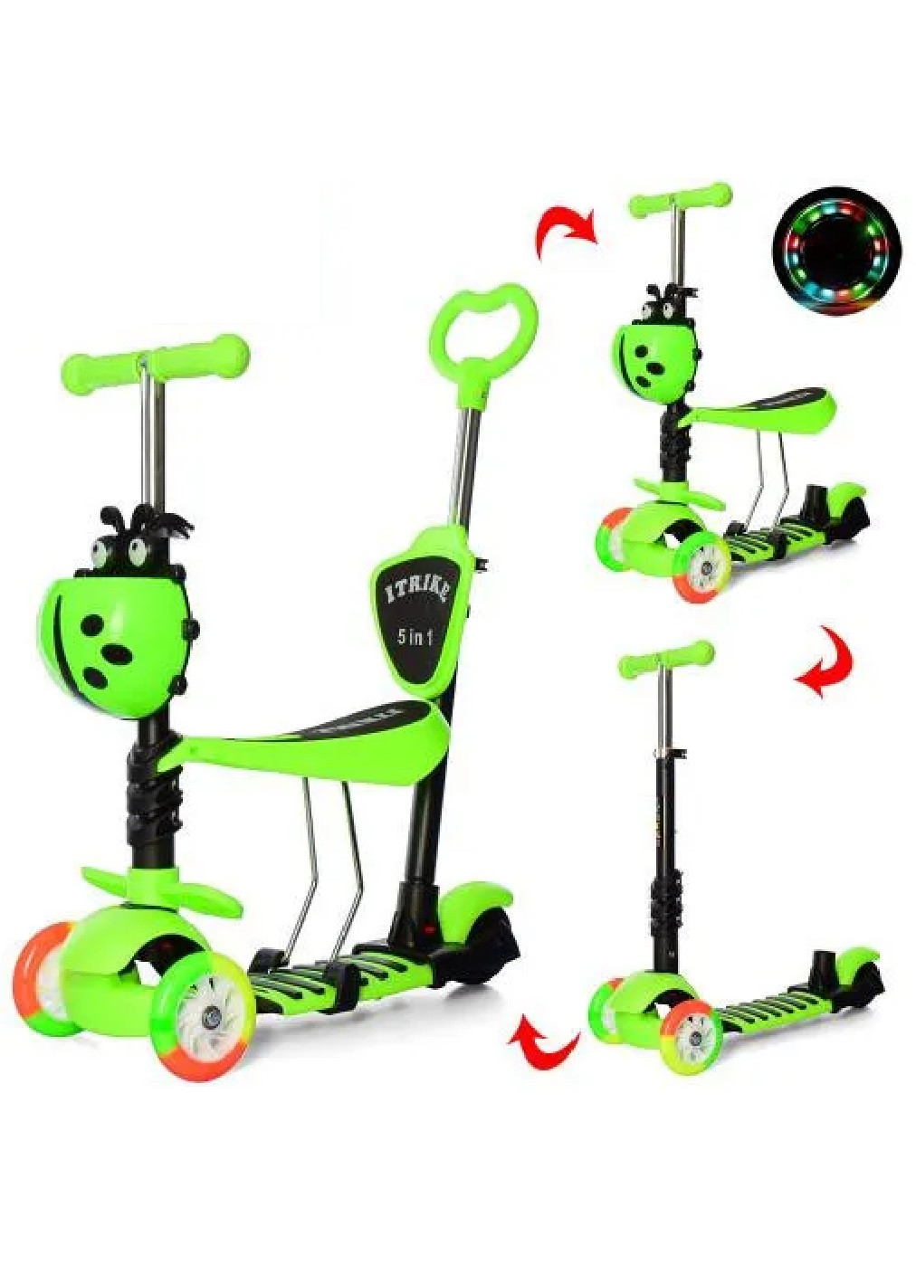 Самокат дитячий беговел 5 в 1 з батьківською ручкою колесами що світяться 55х18х14 см (474246-Prob) Зелений Unbranded (257883762)