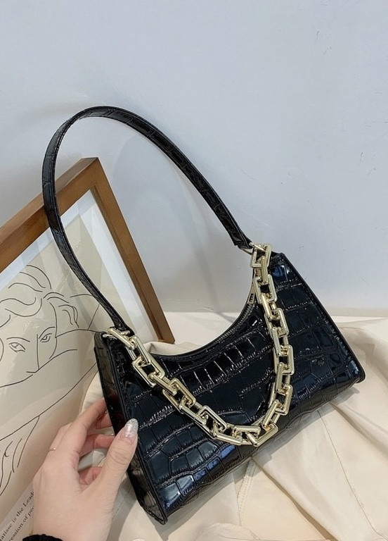 Женская маленькая сумка рептилия багет крокодиловая кожа с цепочкой черная No Brand (259473654)