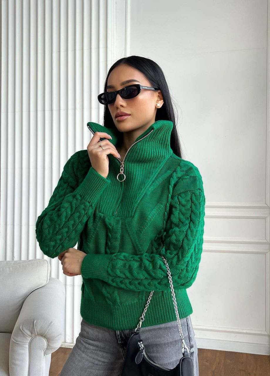 Зелений женский свитер с v-образнм воротником и молнией цвет зеленй р.42/46 445973 New Trend