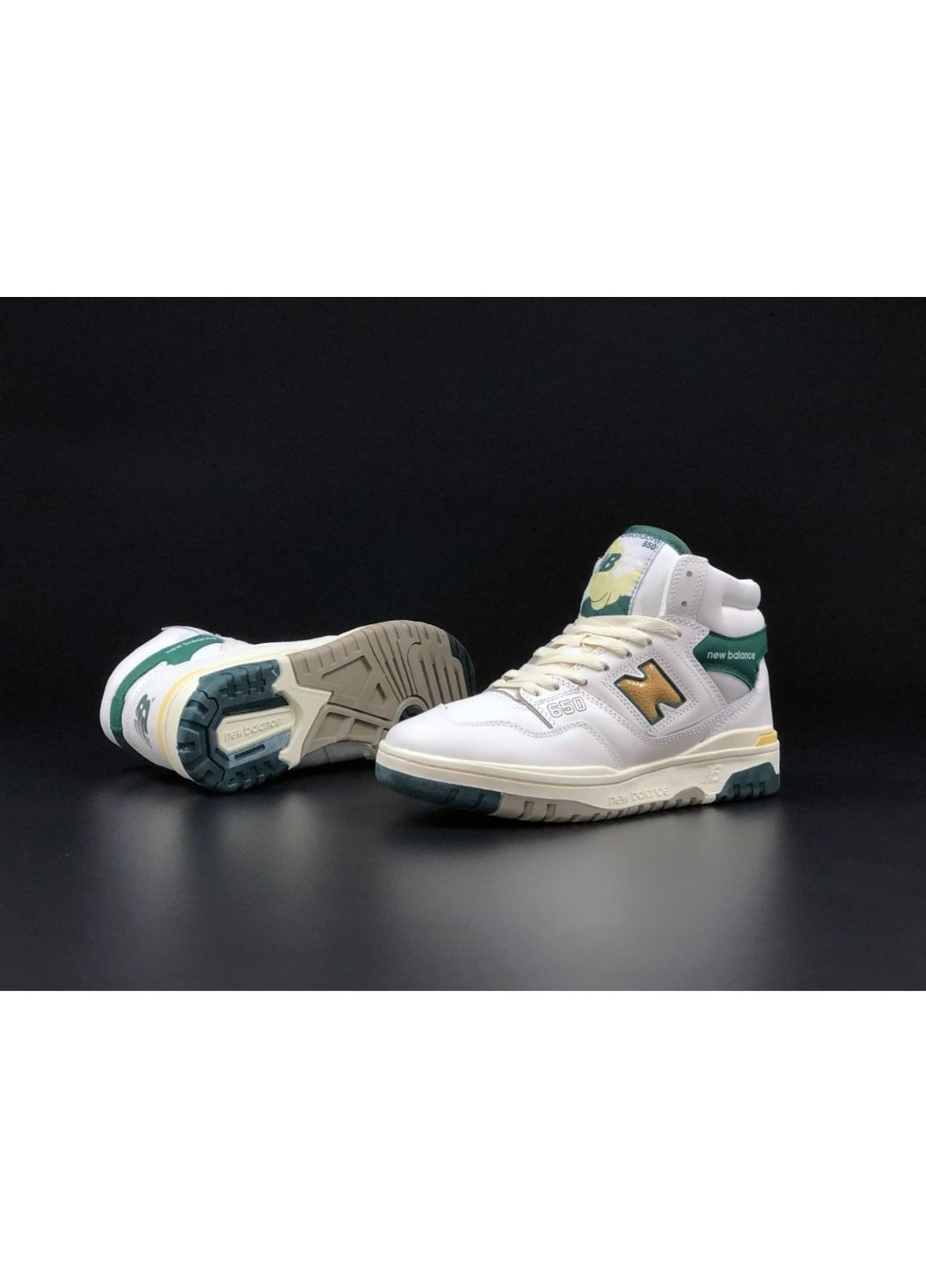 Белые демисезонные женские кроссовки белые с зеленым\жёлтые «no name» New Balance 650