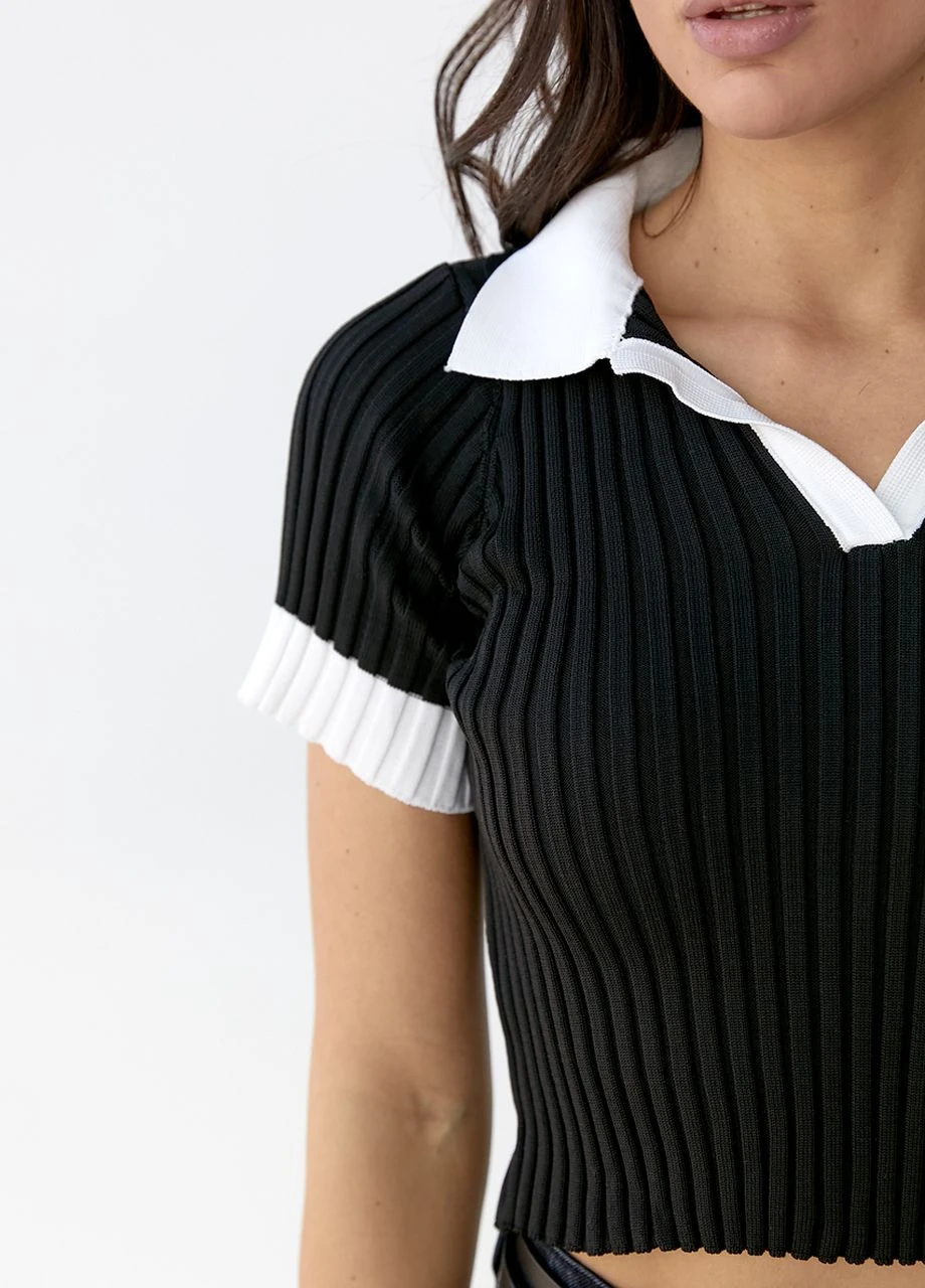 Футболка в рубчик с воротником-поло - черный Lurex - (263346149)