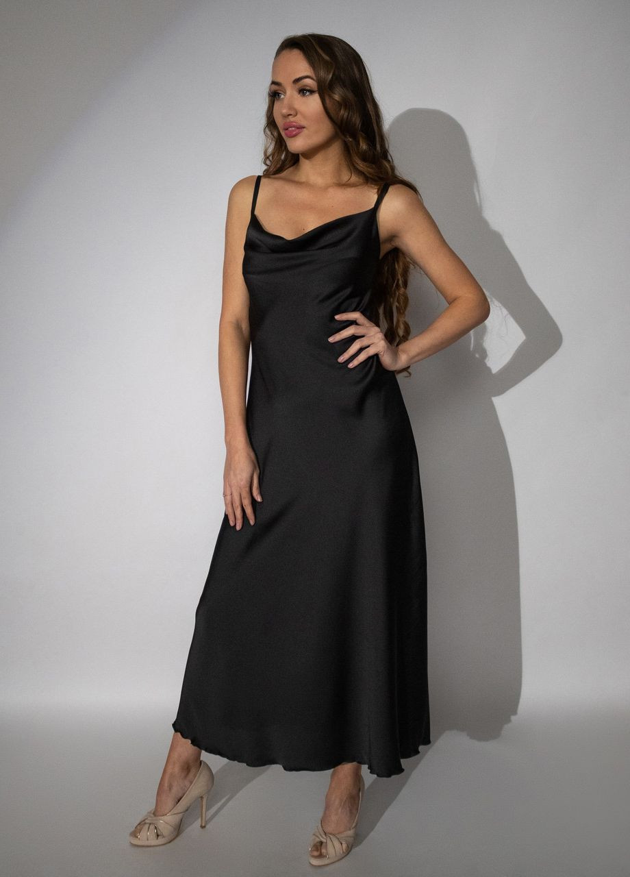 Чорна повсякденний, святковий, коктейльна, вечірня жіноча довга шовкова сукня комбінаця чорний сукня-комбінація Maybel однотонна