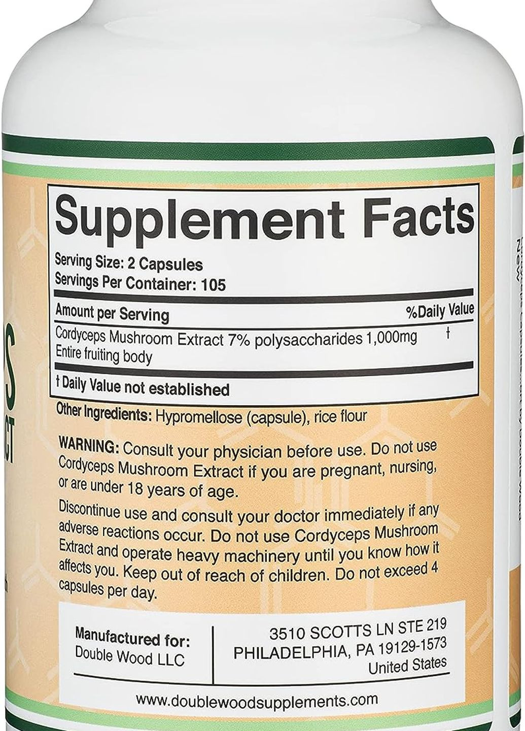 Кордицепс Cordyceps Mushroom Extract 1000 mg 210 capsules Double Wood Supplements (261765755)