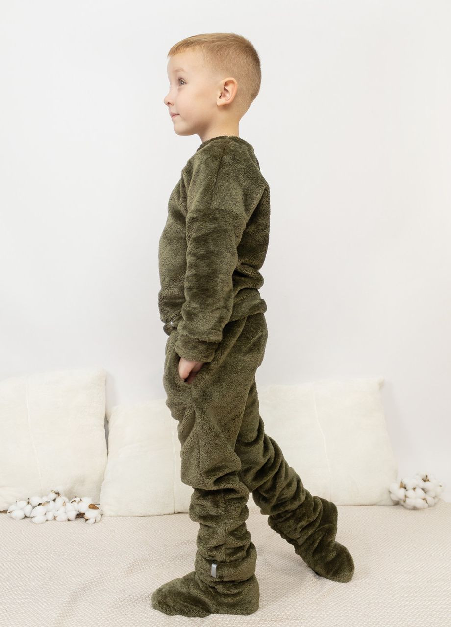 Оливковая (хаки) пижама детская домашняя махровая кофта со штанами хаки Maybel