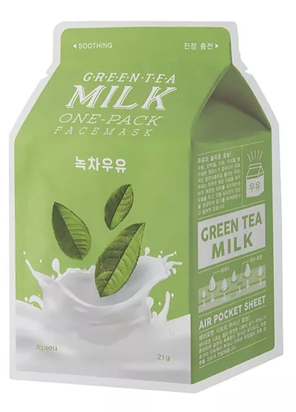 Зволожуюча та заспокійлива маска GREEN TEA MILK ONE PACK з молочними протеїнами та зеленим чаєм 21 г A'pieu (271126649)