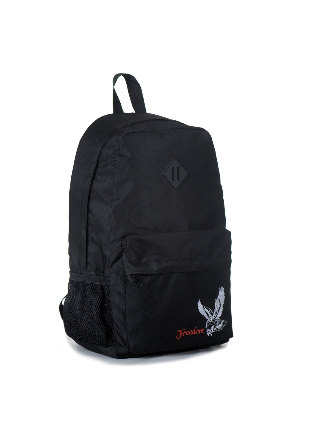 Стильный однотонный черный мужской рюкзак из прочной ткани и спинкой сеткой с модным рисунком вышивкой орла No Brand (258591371)