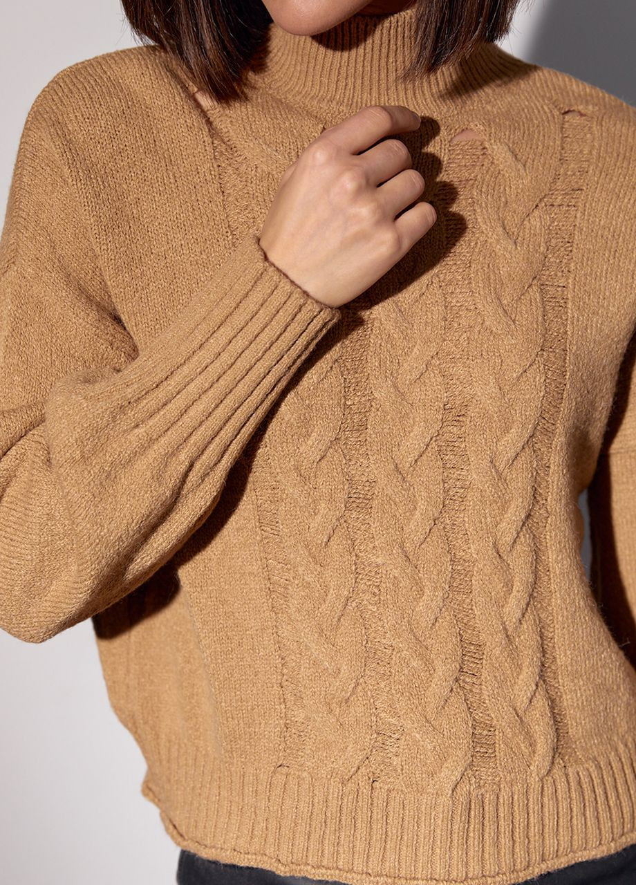 Коричневий зимовий жіночий в'язаний светр з косами - коричневий Lurex