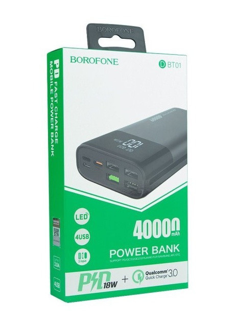 Повербанк портативна батарея (40000 mAh, 4USB + Type-C + Micro-USB + Lightning, 3A, LED дисплей) - Чорний Borofone dbt01 (259018105)