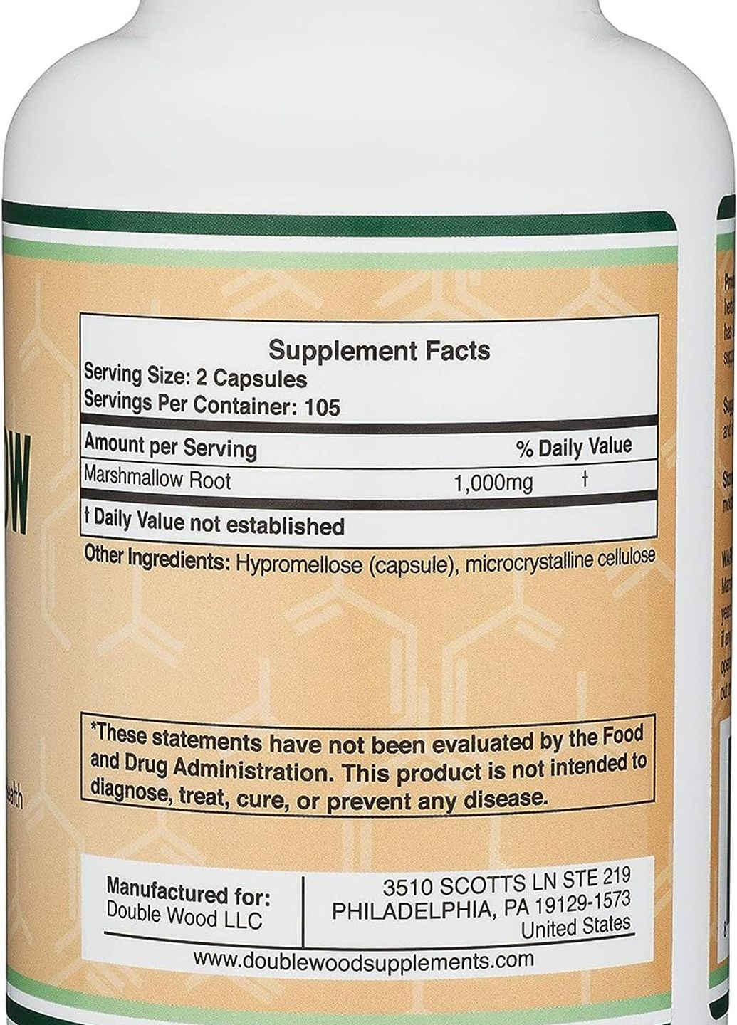 Корень алтея Marshmallow Root 1000 mg 210 capsules Double Wood Supplements (261765769)