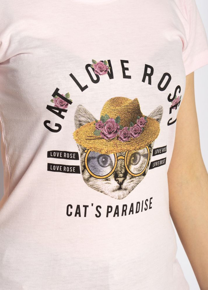 Светло-розовая летняя футболка женская кот в шляпе (светло-розовый) Time of Style