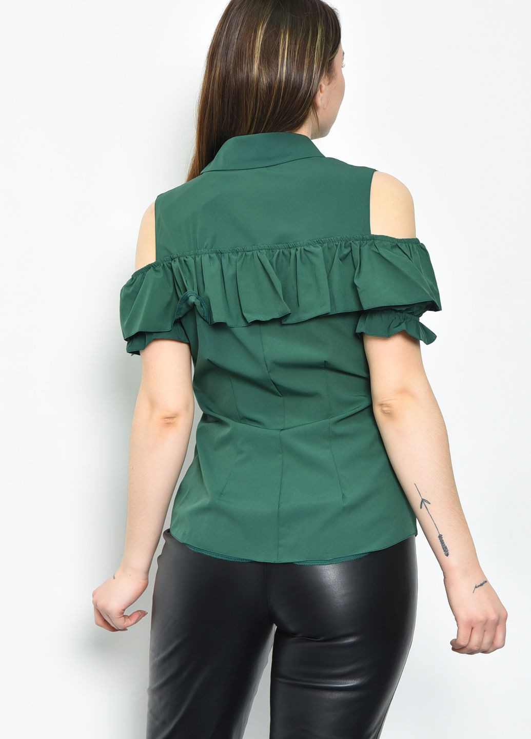 Темно-зеленая летняя блуза женская однотонная темно-зеленого цвета с баской Let's Shop