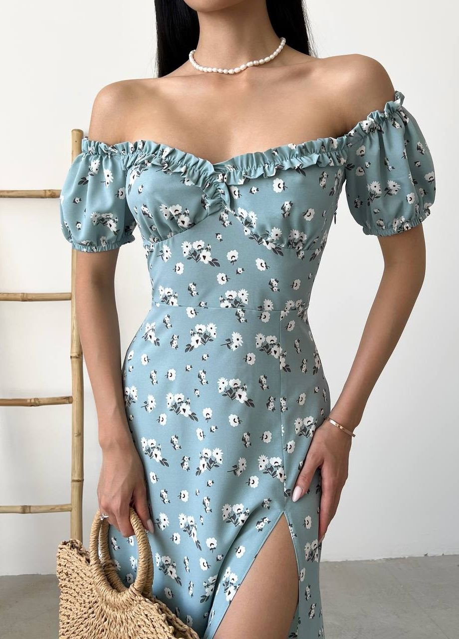 Оливковое женское летнее платье миди цвет оливковый принт цветок р.42 438586 New Trend