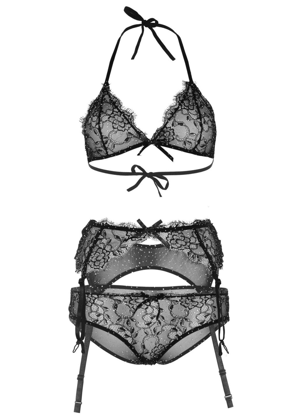 Чорний гарний мереживний комплект з поясом bra top, panty & garterbelt Leg Avenue