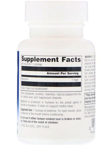 Melatonin 1 mg 100 Lozenges Peppermint Flavor SNS-00709 Source Naturals (256722056)