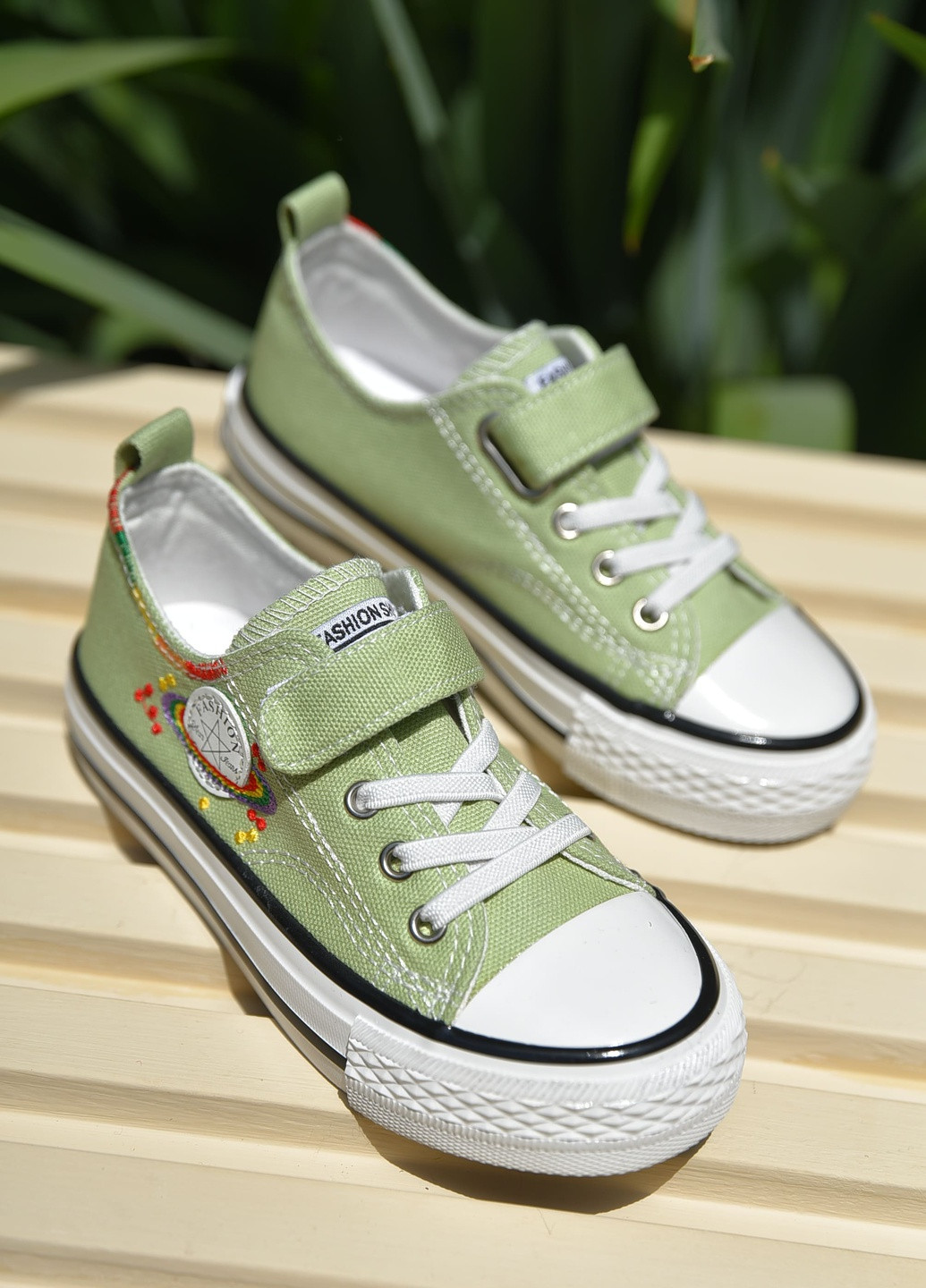 Зеленые кеды детские зеленого цвета однотонные текстиль Let's Shop